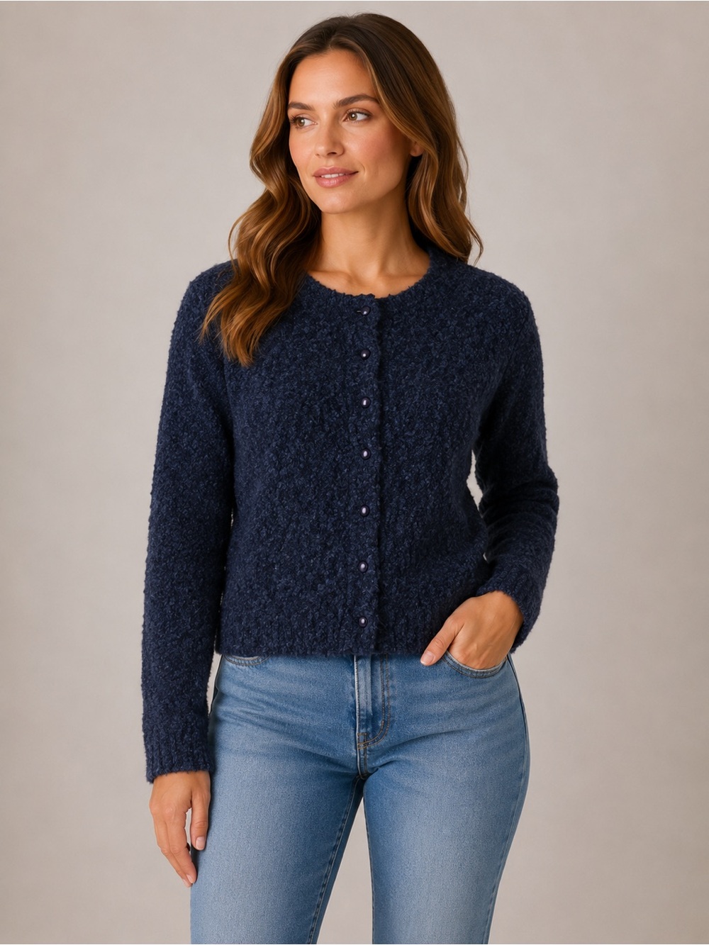 FENN WRIGHT MANSOM Navy Bouclé Button-Front Jacket